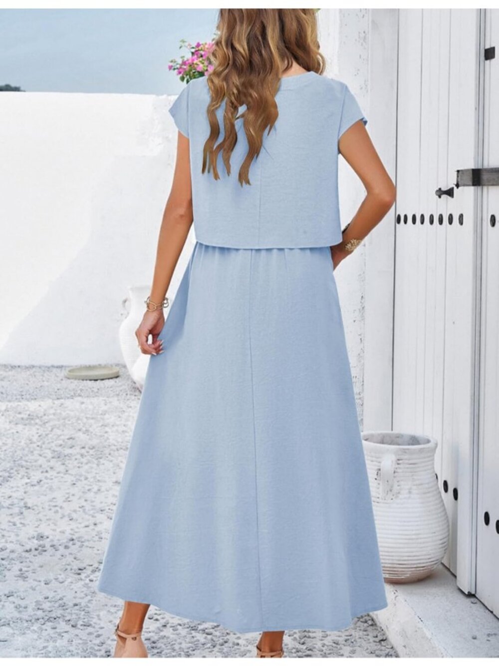 Women's Blue Casual 2 Piece Outfits Crop Tops Cap Sleeve Waisted Maxi Dresses - Picture 4 of 4